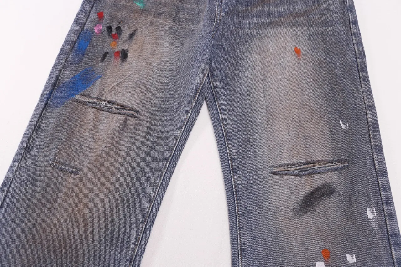 652#Gallery Dept New Retro Dirty Feng Shui Washed Mud Dye Knife Cut Splash Ink Jeans American High Street Casual Trousers Washed Blue S～XL p250
